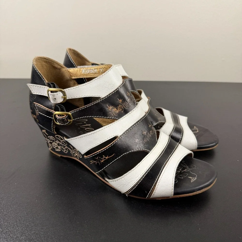 Elite by Corkys Wedge Sandals Women's 10 Black White Tooled Leather Career Dress